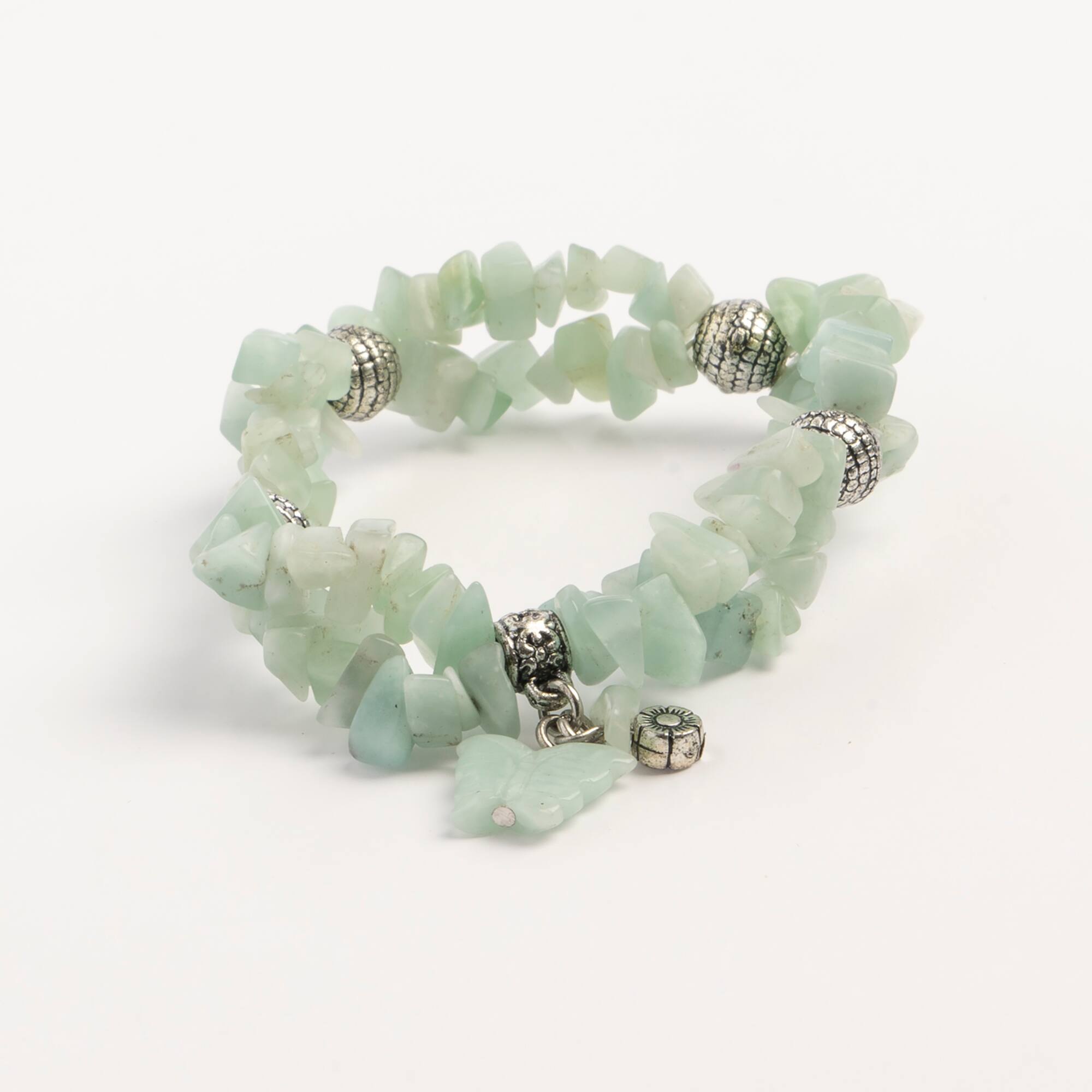 John Bead New Jade Green Amazonite Natural Stone 2-Strand Bracelet with Butterfly Charm